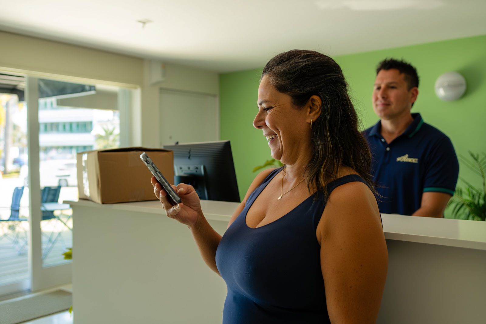 Moradora recebe aviso no celular enquanto a encomenda espera no balcão da portaria