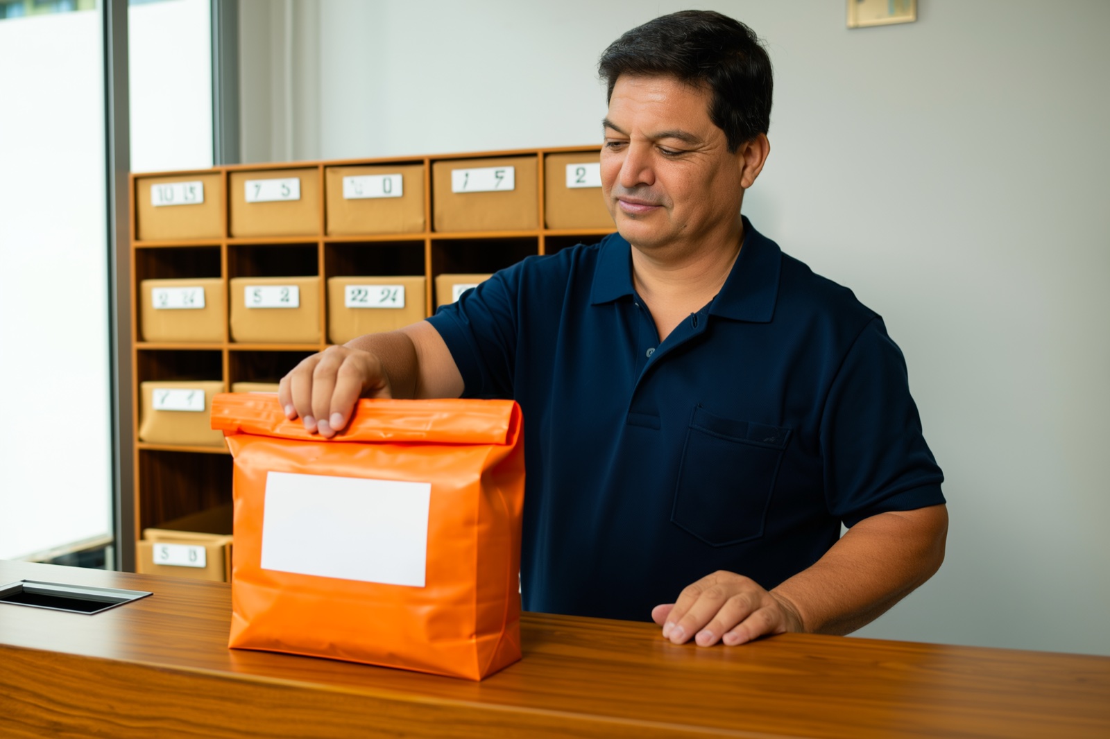 Porteiro guarda encomenda da Shopee no box numerado da portaria