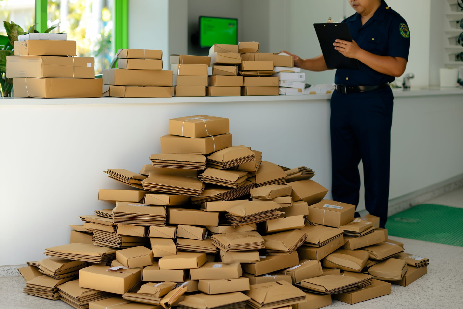 Pilha organizada de encomendas na portaria durante o pico da Black Friday